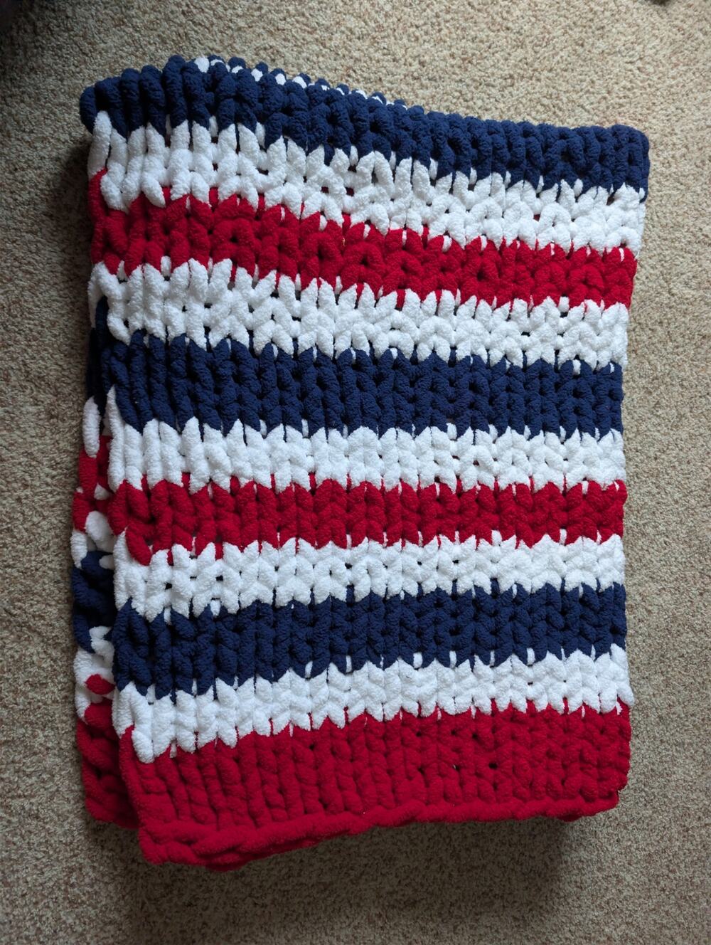 Hand Knit Chunky Blanket Patriotic Red White Blue Large Striped Throw 72x56